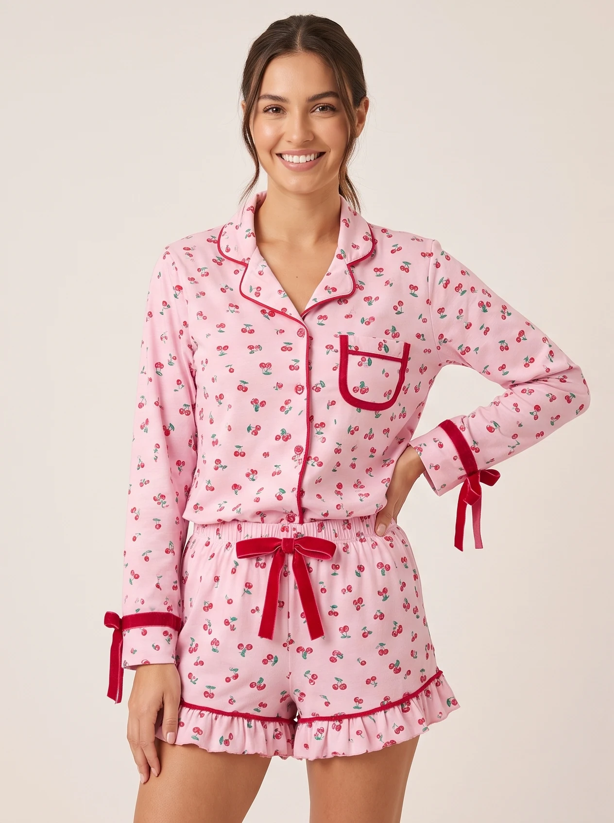 Pijama Cereja Manga Longa Shorts Babado