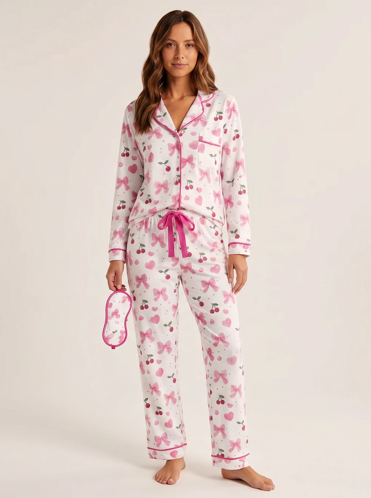 Pijama Cereja Laços Manga Longa e Calça