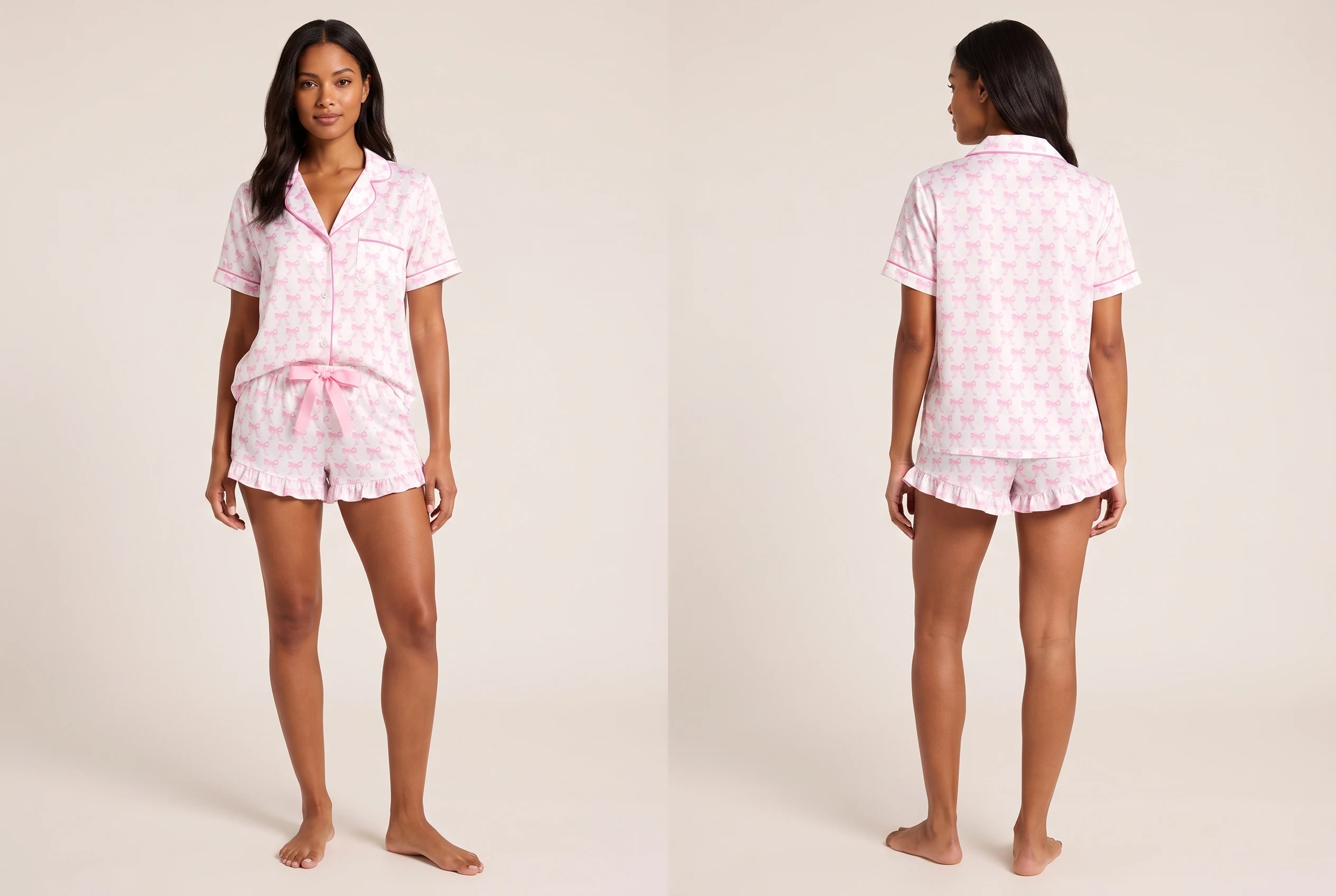 Pijama Cereja Botão Shorts Babado Rosa