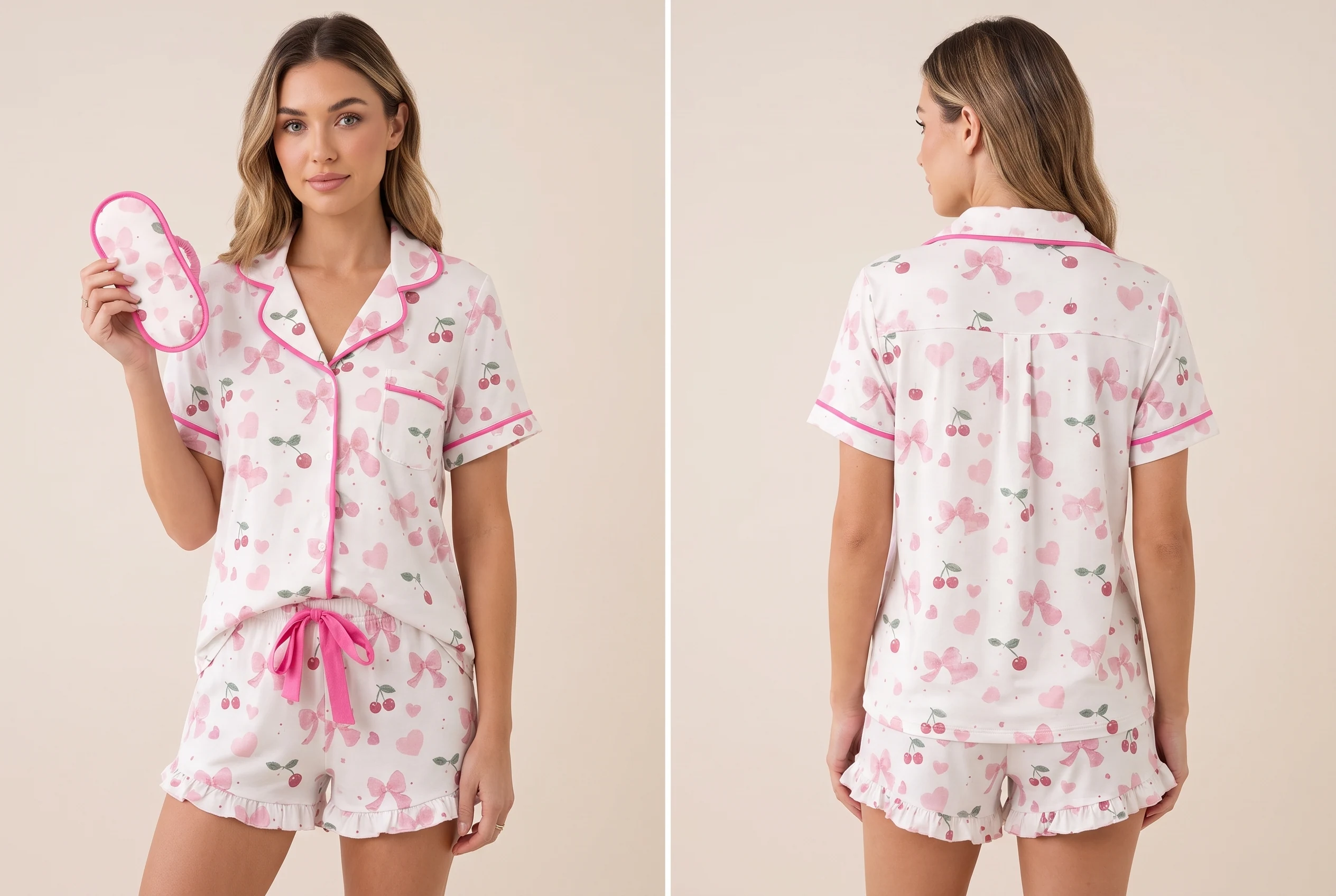 Pijama Cereja Laços Rosa