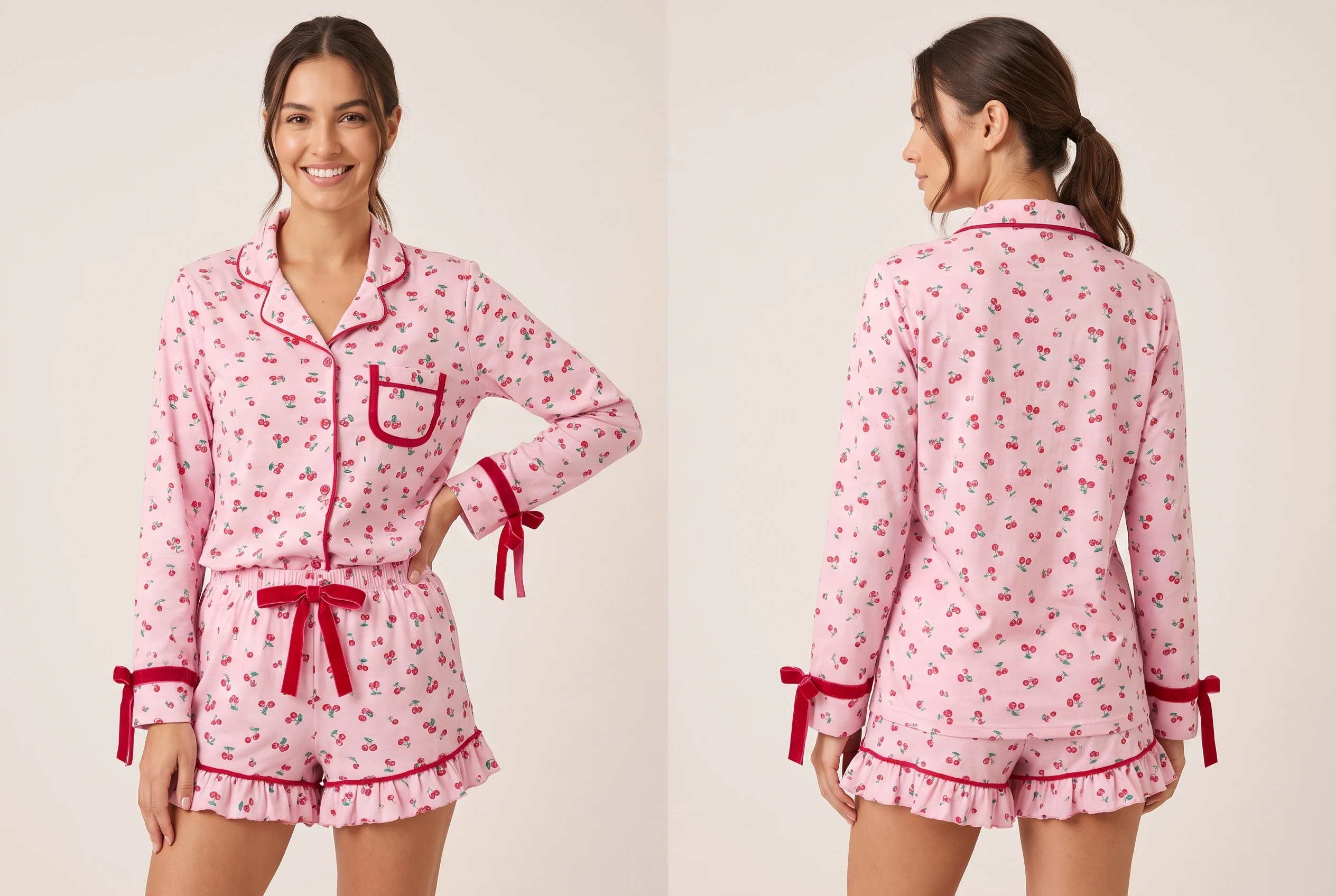 Pijama Cereja Manga Longa Shorts Babado